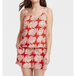 A New Day Square Neck Linen Blend Shell Tank Top and Shorts Set Red White X/XS